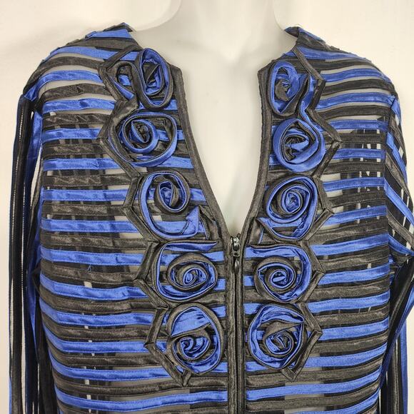 T&W Designs Women Jacket Full Zip Rosettes Striped Blue Black Sheer Long Sleeve - Picture 3 of 10